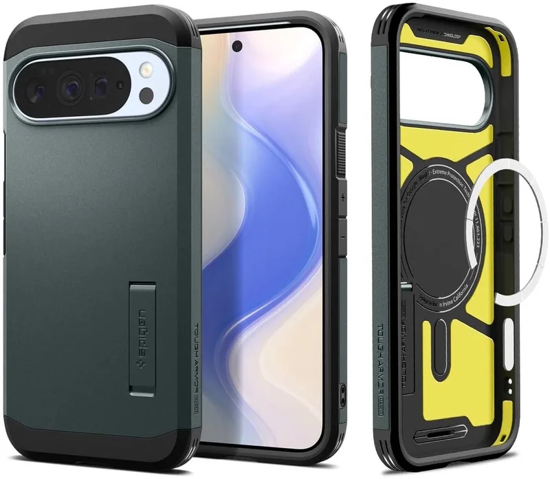 Tough Armor Hoesje Geschikt voor Google Pixel 10 / 10 Pro | Compatibel met MagSafe / Qi2 | Back Cover Militaire Standaard | Kickstand by Spigen in Green – product photo