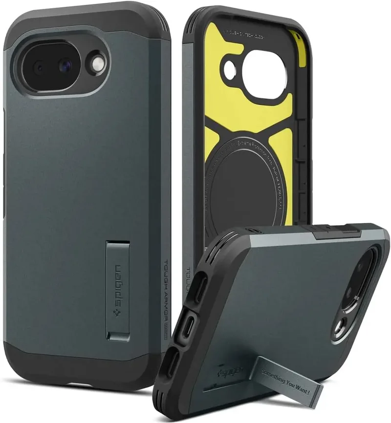 Tough Armor Hoesje Geschikt voor Google Pixel 10a | Compatibel met MagSafe / Qi2 | Back Cover Militaire Standaard | Kickstand de Spigen en Gris – photo produit