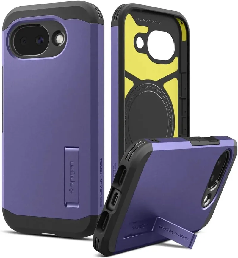 Tough Armor Hoesje Geschikt voor Google Pixel 10a | Compatibel met MagSafe / Qi2 | Back Cover Militaire Standaard | Kickstand by Spigen in Purple – product photo