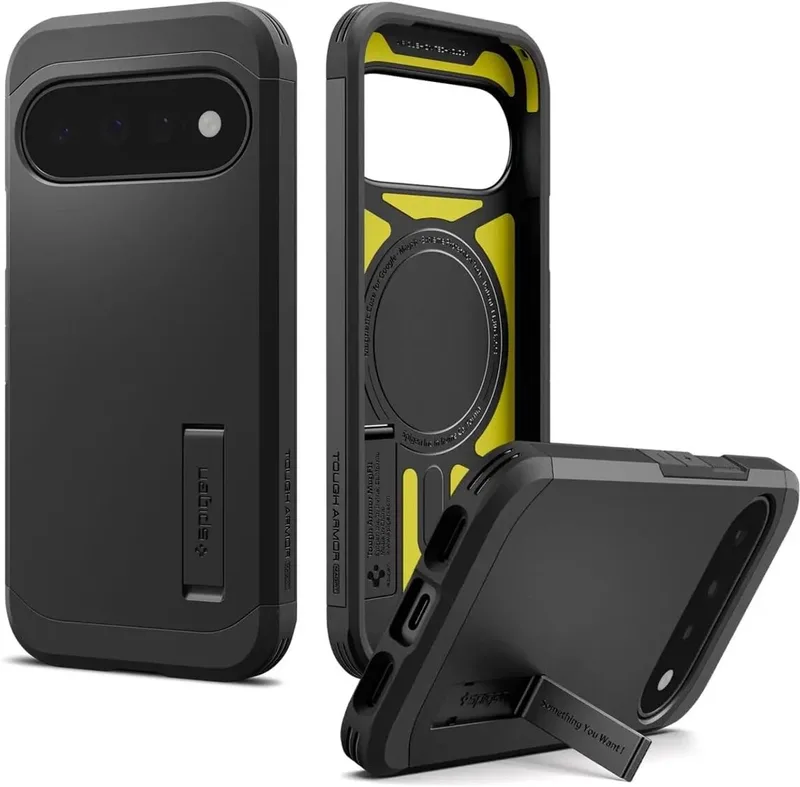 Tough Armor Hoesje Geschikt voor Google Pixel 11 | Compatibel met MagSafe / Qi2 | Back Cover Militaire Standaard | Kickstand von Spigen in Schwarz – Produktfoto