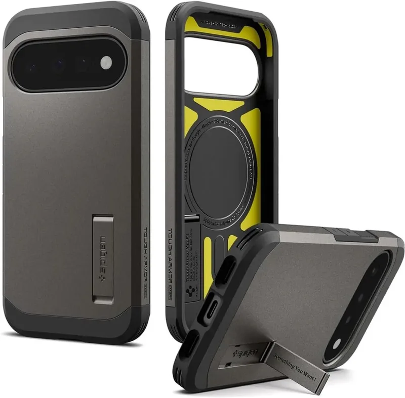 Tough Armor Hoesje Geschikt voor Google Pixel 11 | Compatibel met MagSafe / Qi2 | Back Cover Militaire Standaard | Kickstand | Gunmetal von Spigen in Grau – Produktfoto
