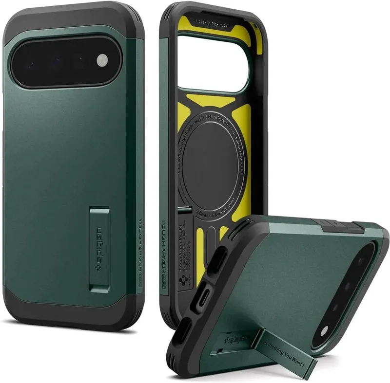 Tough Armor Hoesje Geschikt voor Google Pixel 11 | Compatibel met MagSafe / Qi2 | Back Cover Militaire Standaard | Kickstand van Spigen in Groen – productfoto