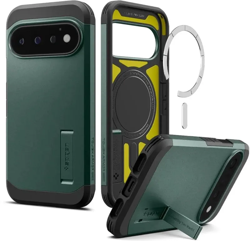 Tough Armor Hoesje Geschikt voor Google Pixel 11 Pro | Compatibel met MagSafe / Qi2 | Back Cover Militaire Standaard | Kickstand by Spigen in Green – product photo