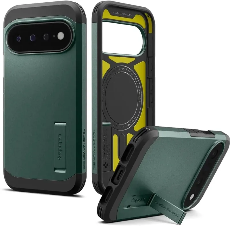 Tough Armor Hoesje Geschikt voor Google Pixel 11 Pro XL | Compatibel met MagSafe / Qi2 | Back Cover Militaire Standaard | Kickstand by Spigen in Green – product photo