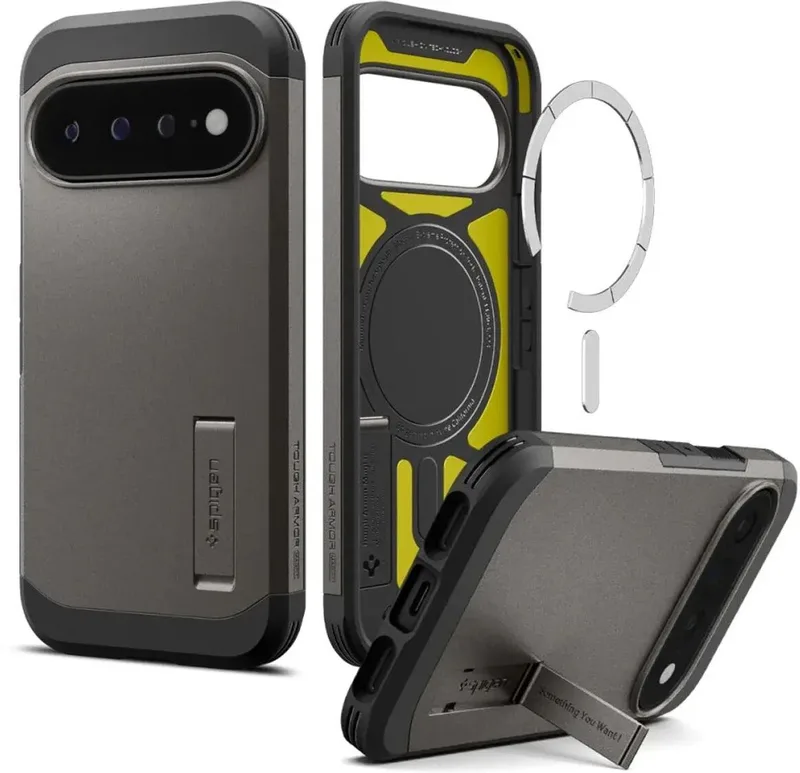 Tough Armor Hoesje Geschikt voor Google Pixel 11 Pro XL | Compatibel met MagSafe / Qi2 | Back Cover Militaire Standaard | Kickstand | Gunmetal by Spigen in Grey – product photo