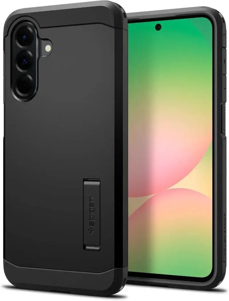 Tough Armor Hoesje Geschikt voor Samsung Galaxy A56 - Back Cover met Kickstand fra Spigen i Sort – produktbillede