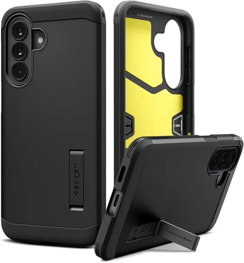 Tough Armor Hoesje Geschikt voor Samsung Galaxy A57 - Back Cover met Kickstand fra Spigen i Sort – produktbillede