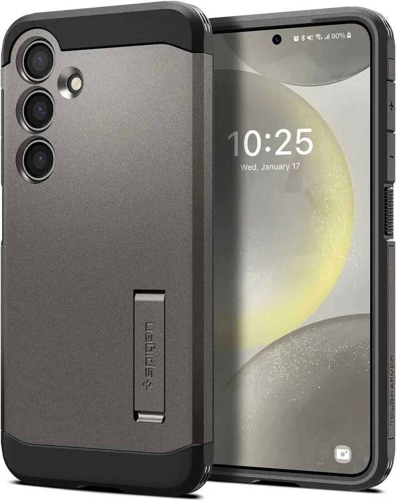 Tough Armor Hoesje Geschikt voor Samsung Galaxy S24 - Back Cover met Kickstand Gunmetal fra Spigen i Grå – produktbillede