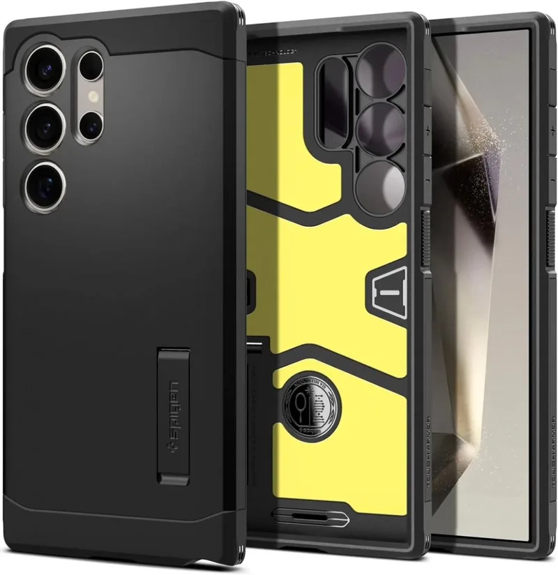 Tough Armor Hoesje Geschikt voor Samsung Galaxy S24 Ultra - Back Cover met Kickstand fra Spigen i Sort – produktbillede