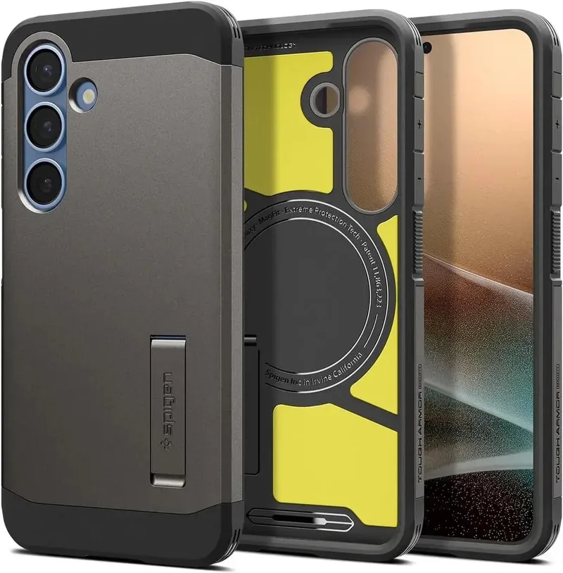 Tough Armor Hoesje Geschikt voor Samsung Galaxy S25 | Compatibel met MagSafe / Qi2 | Back Cover Militaire Standaard | Kickstand | Gunmetal by Spigen in Grey – product photo