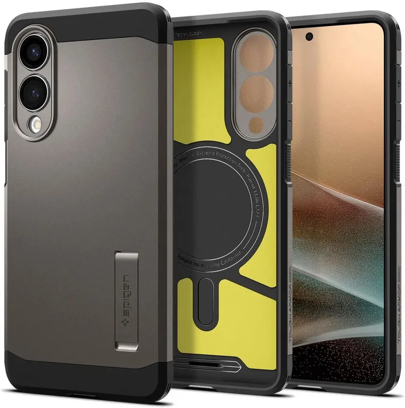 Tough Armor Hoesje Geschikt voor Samsung Galaxy S25 Edge | Compatibel met MagSafe / Qi2 | Back Cover Militaire Standaard | Kickstand | Gunmetal by Spigen in Grey – product photo
