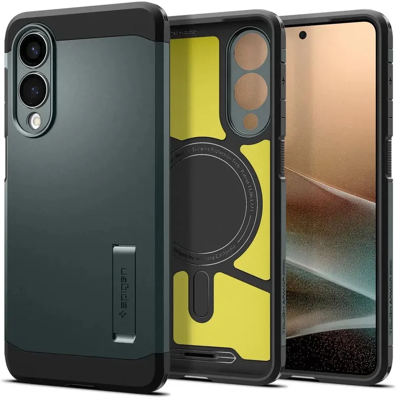 Tough Armor Hoesje Geschikt voor Samsung Galaxy S25 Edge | Compatibel met MagSafe / Qi2 | Back Cover Militaire Standaard | Kickstand by Spigen in Green – product photo