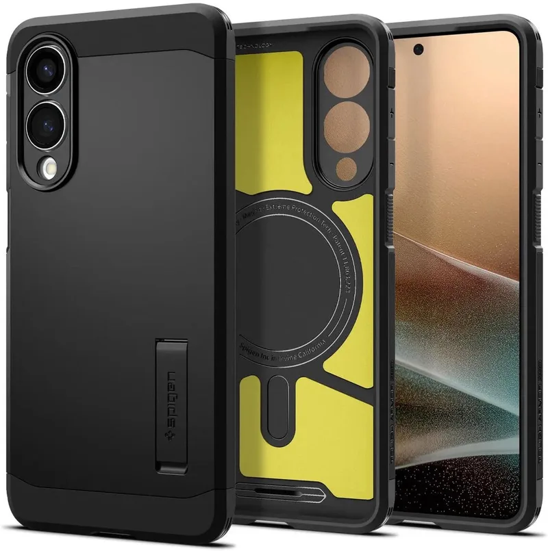 Tough Armor Hoesje Geschikt voor Samsung Galaxy S25 Edge | Compatibel met MagSafe / Qi2 | Back Cover Militaire Standaard | Kickstand van Spigen in Zwart – productfoto