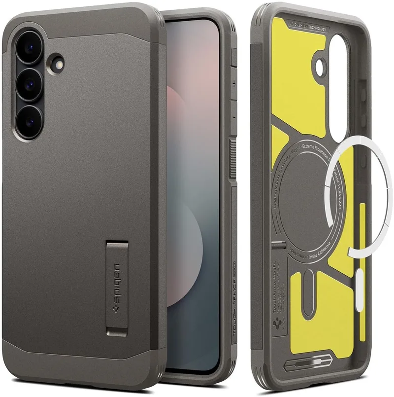 Tough Armor Hoesje Geschikt voor Samsung Galaxy S25 FE | Compatibel met MagSafe / Qi2 | Back Cover Militaire Standaard | Kickstand | Gunmetal från Spigen i Grå – produktbild