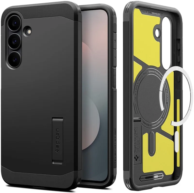 Tough Armor Hoesje Geschikt voor Samsung Galaxy S25 FE | Compatibel met MagSafe / Qi2 | Back Cover Militaire Standaard | Kickstand från Spigen i Svart – produktbild