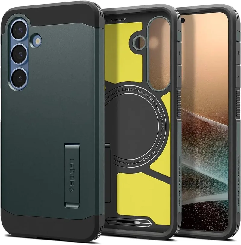 Tough Armor Hoesje Geschikt voor Samsung Galaxy S25 Plus | Compatibel met MagSafe en Qi2 | Back Cover Militaire Standaard | Kickstand by Spigen in Green – product photo