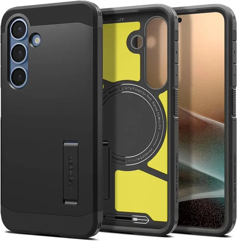 Tough Armor Hoesje Geschikt voor Samsung Galaxy S25 Plus | Compatibel met MagSafe en Qi2 | Back Cover Militaire Standaard | Kickstand von Spigen in Schwarz – Produktfoto
