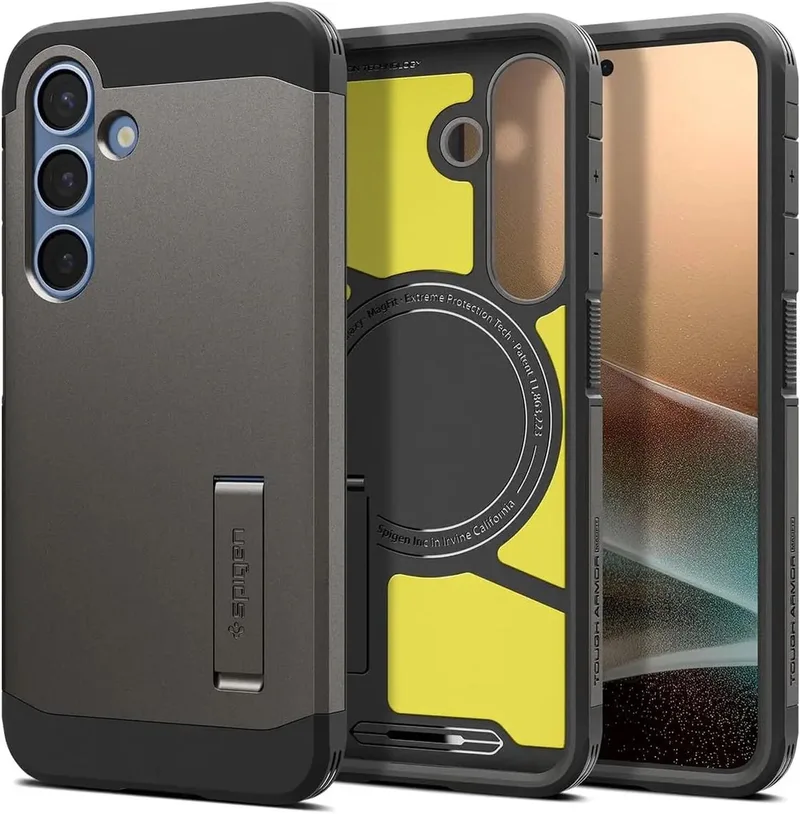 Tough Armor Hoesje Geschikt voor Samsung Galaxy S25 Plus | Compatibel met MagSafe en Qi2 | Back Cover Militaire Standaard | Kickstand | Gunmetal van Spigen in Grijs – productfoto