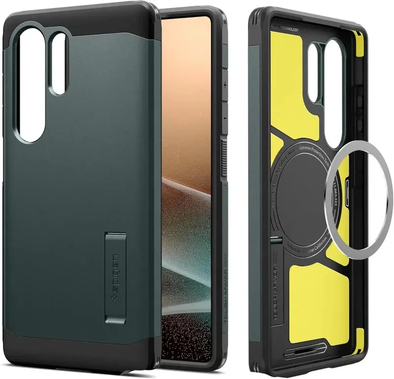 Tough Armor Hoesje Geschikt voor Samsung Galaxy S25 Ultra | Compatibel met MagSafe en Qi2 | Back Cover Militaire Standaard | Kickstand by Spigen in Green – product photo