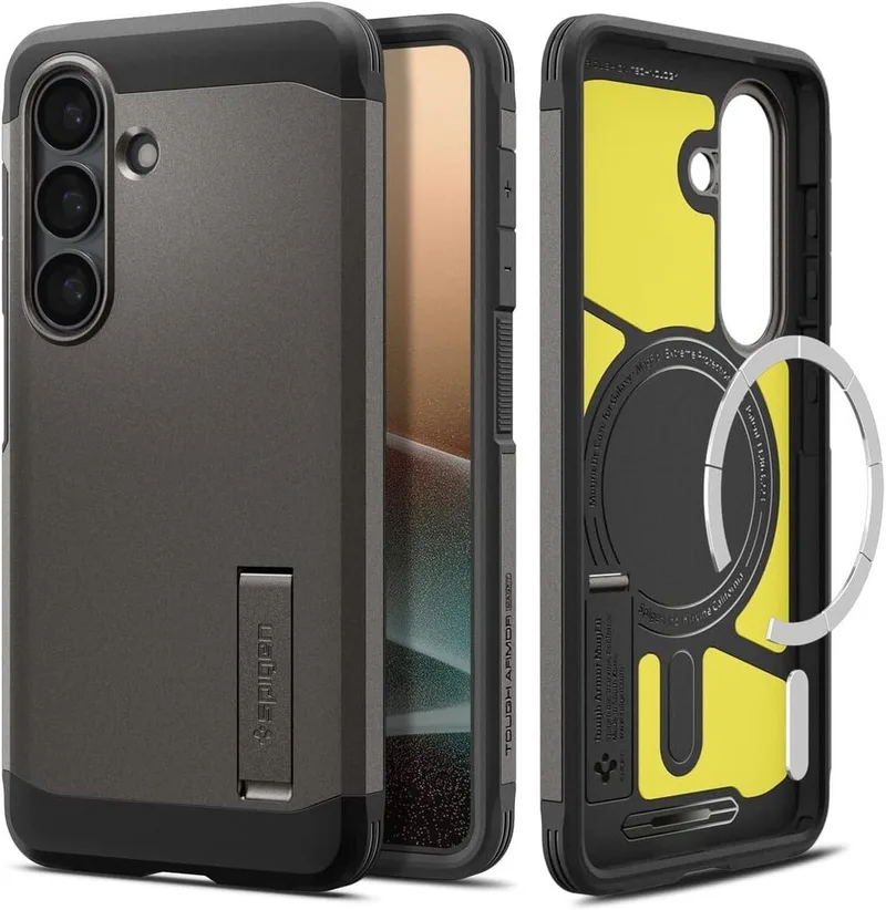 Tough Armor Hoesje Geschikt voor Samsung Galaxy S26 | Compatibel met MagSafe / Qi2 | Back Cover Militaire Standaard | Kickstand | Gunmetal de Spigen en Gris – photo produit