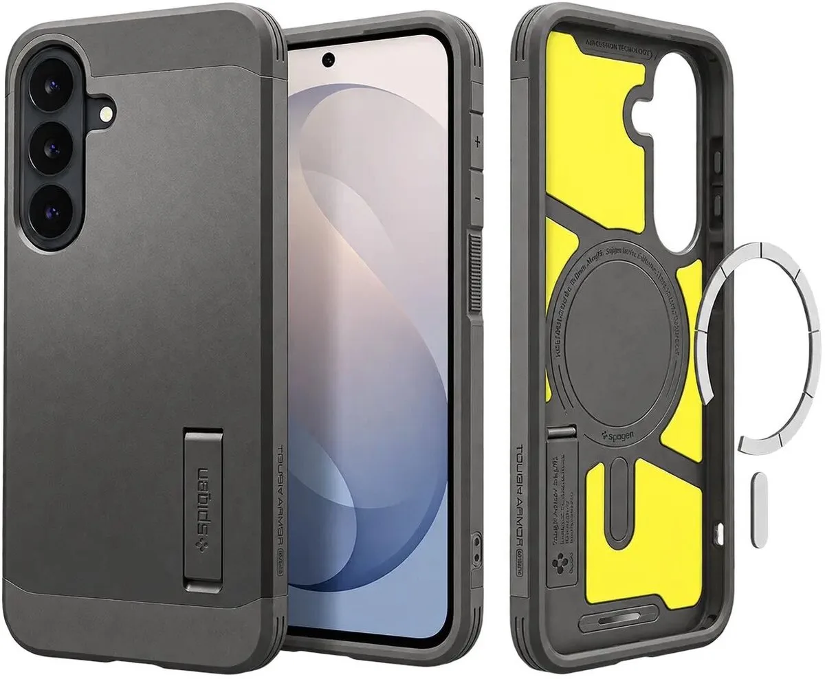 Tough Armor Hoesje Geschikt voor Samsung Galaxy S26 FE | Compatibel met MagSafe / Qi2 | Back Cover Militaire Standaard | Kickstand | Gunmetal by Spigen in Grey – product photo