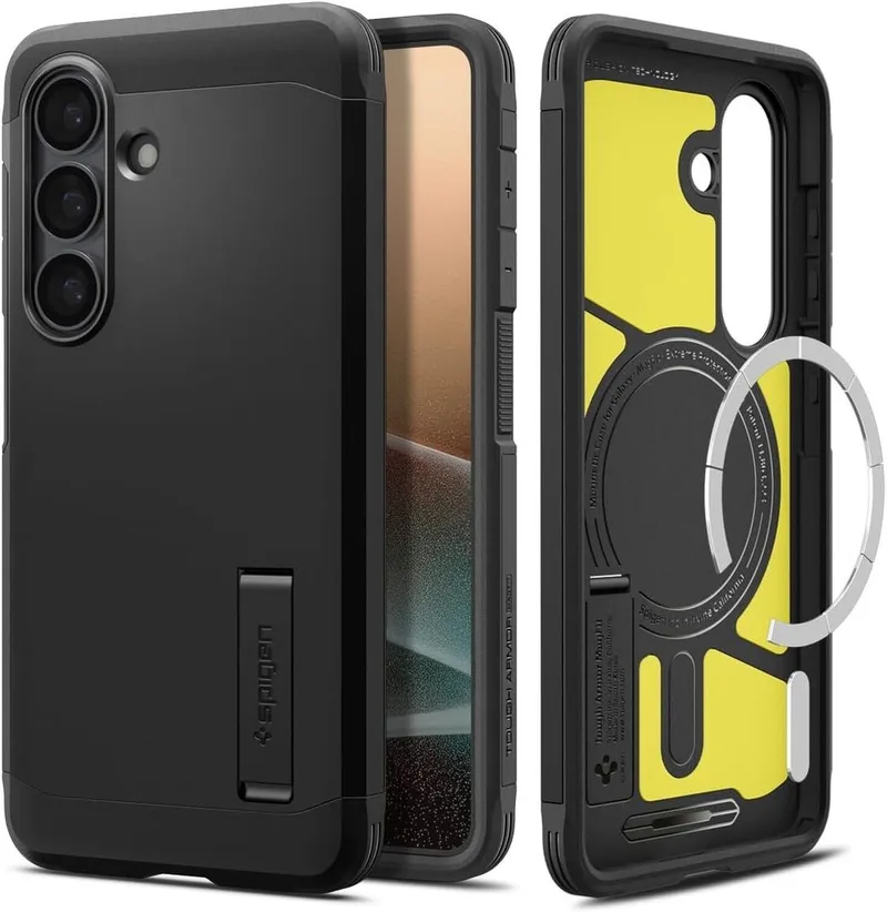 Tough Armor Hoesje Geschikt voor Samsung Galaxy S26 Plus | Compatibel met MagSafe / Qi2 | Back Cover Militaire Standaard | Kickstand von Spigen in Schwarz – Produktfoto