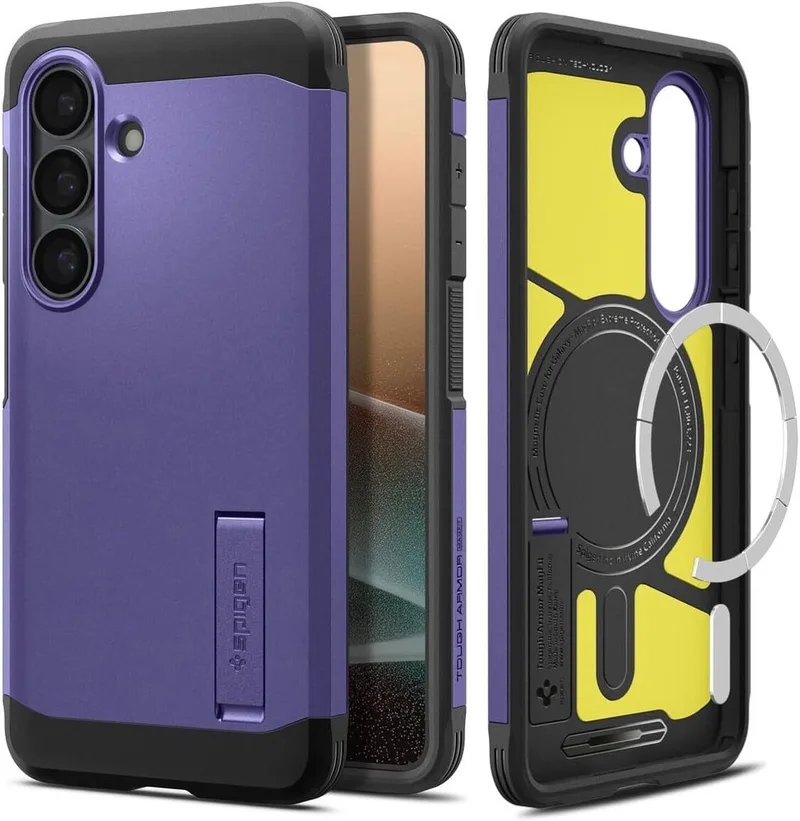 Tough Armor Hoesje Geschikt voor Samsung Galaxy S26 Plus | Compatibel met MagSafe / Qi2 | Back Cover Militaire Standaard | Kickstand van Spigen in Paars – productfoto