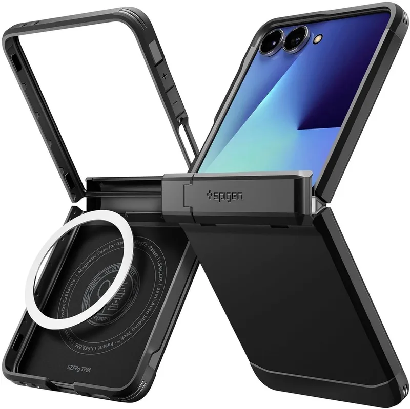Tough Armor Hoesje Geschikt voor Samsung Galaxy Z Flip 7 | Compatibel met MagSafe / Qi2 | Back Cover Militaire Standaard | Kickstand by Spigen in Black – product photo