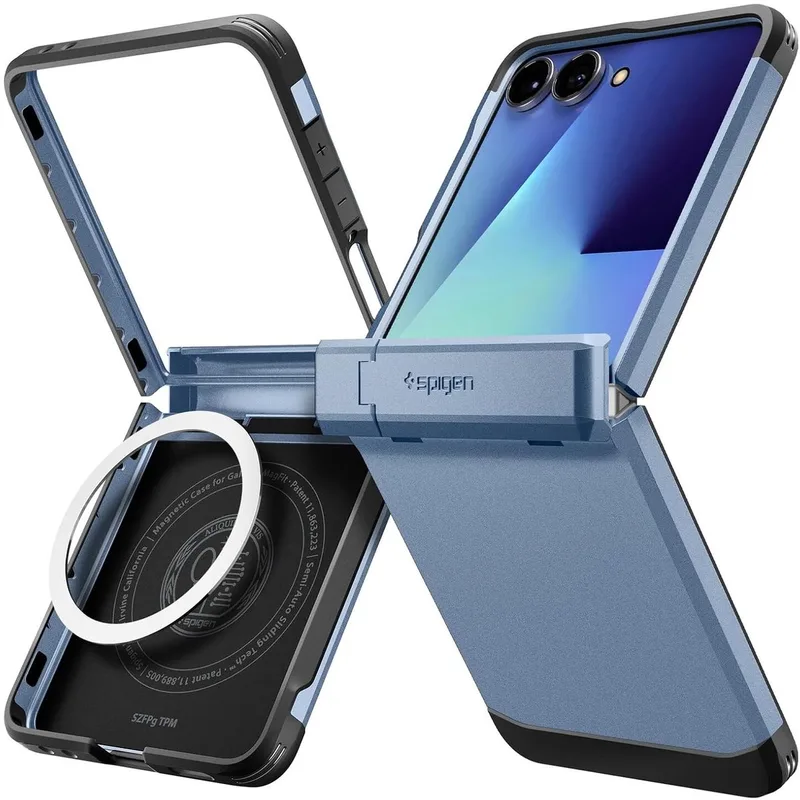 Tough Armor Hoesje Geschikt voor Samsung Galaxy Z Flip 7 | Compatibel met MagSafe / Qi2 | Back Cover Militaire Standaard | Kickstand by Spigen in Blue – product photo