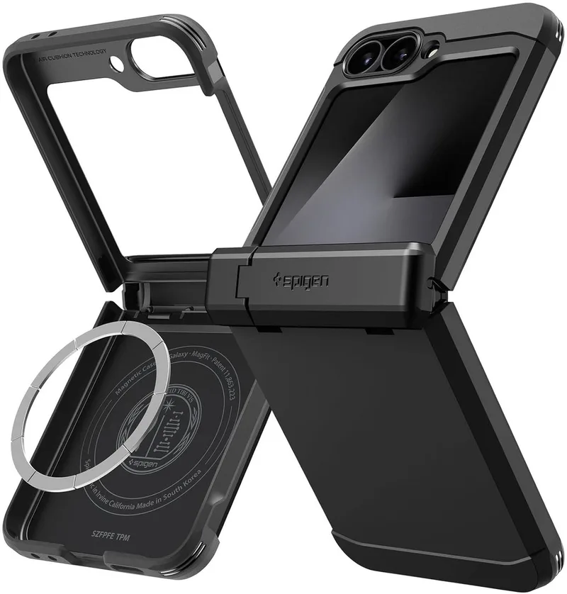 Tough Armor Hoesje Geschikt voor Samsung Galaxy Z Flip 7 FE / 6 | Compatibel met MagSafe / Qi2 | Back Cover Militaire Standaard | Kickstand von Spigen in Schwarz – Produktfoto