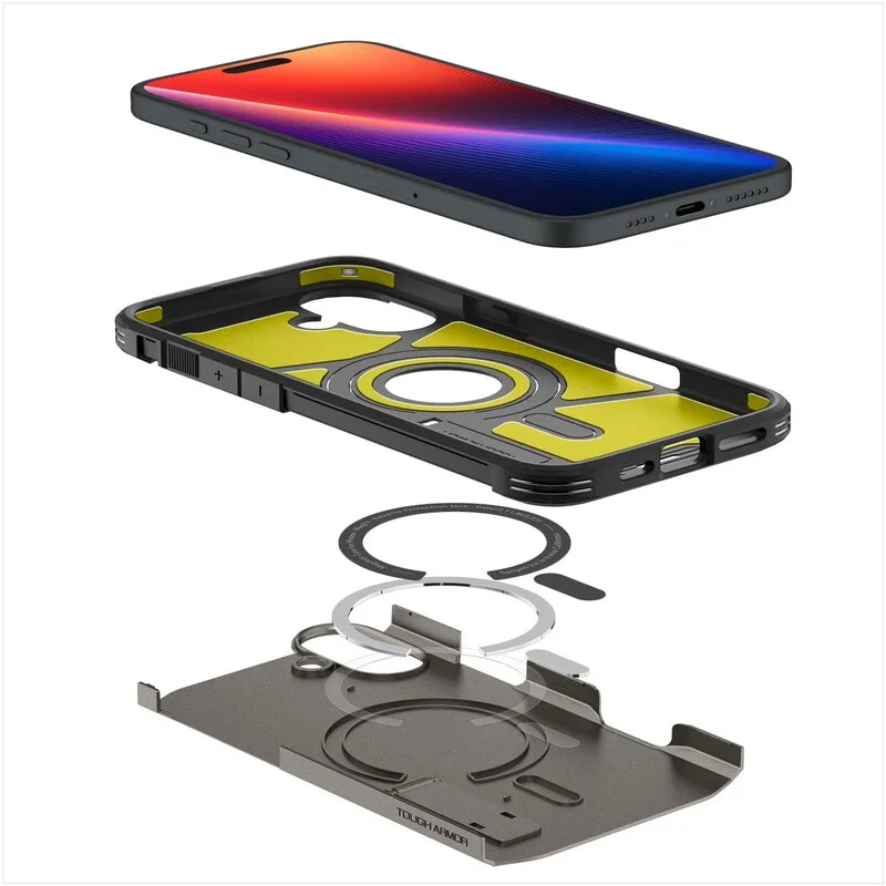 Tough Armor MagSafe Hülle mit Standfunktion für iPhone 16 - Gunmetal von Spigen – Produktfoto