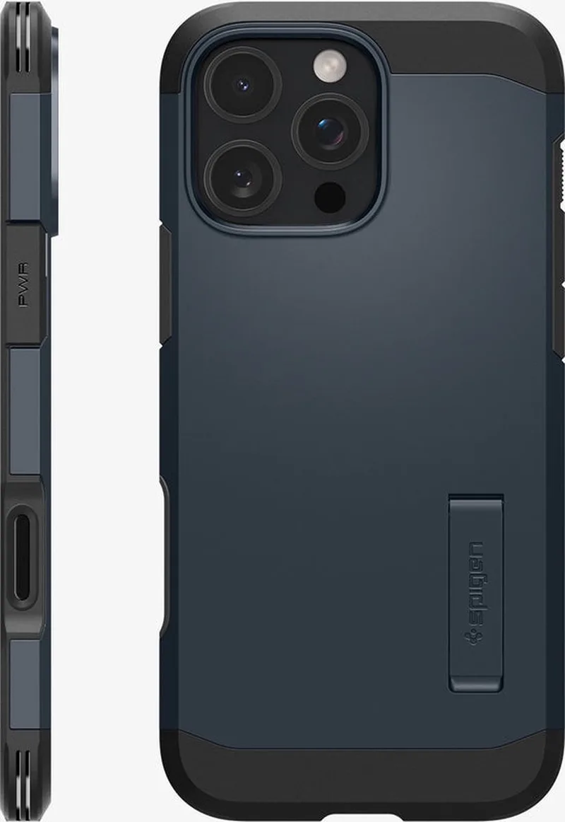 Tough Armor T MagFit - Hoesje Geschikt voor Apple iPhone 16 Pro - Compatibel met MagSafe - Back Cover met Standaard - Metal Slate von Spigen in Dunkelblau – Produktfoto