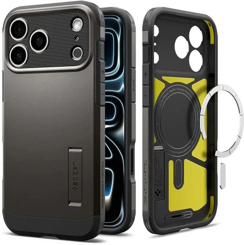 Tough Armor T MagFit - Hoesje Geschikt voor Apple iPhone 18 Pro / 17 Pro - Compatibel met MagSafe / Qi2 - Back Cover met Standaard - Gunmetal von Spigen in Grau – Produktfoto