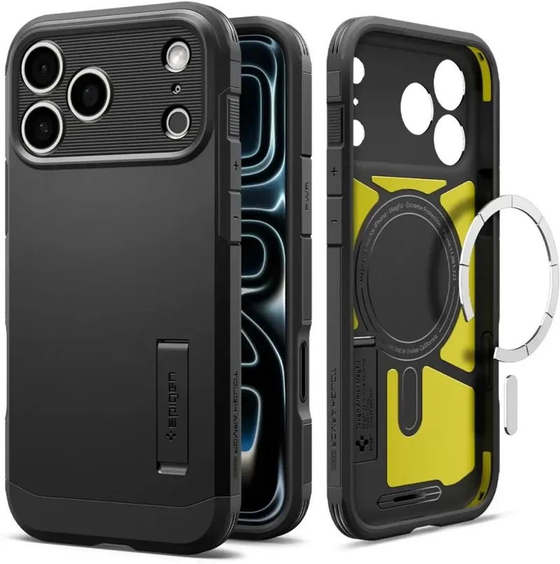Tough Armor T MagFit - Hoesje Geschikt voor Apple iPhone 18 Pro / 17 Pro - Compatibel met MagSafe / Qi2 - Back Cover met Standaard von Spigen in Schwarz – Produktfoto