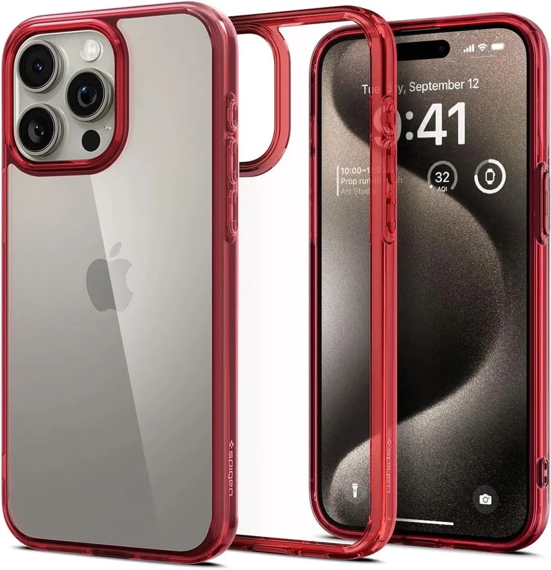 Ultra Hybrid Hoesje Geschikt voor Apple iPhone 15 Pro Max - Back Cover met Air Cushion - Transparant von Spigen in Rot – Produktfoto