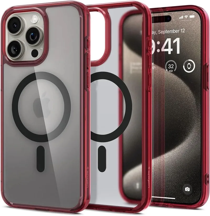 Ultra Hybrid - Hoesje Geschikt voor Apple iPhone 15 Pro Max - Compatibel met MagSafe - Back Cover fra Spigen i Rød – produktbillede
