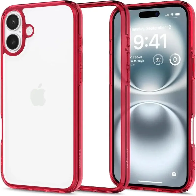 Ultra Hybrid Hoesje Geschikt voor Apple iPhone 16 - Back Cover met Air Cushion - Transparant de Spigen en Rouge – photo produit