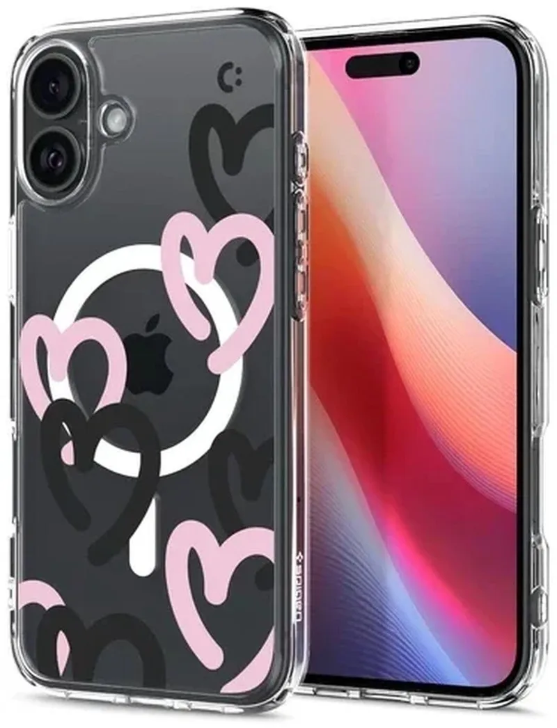 Ultra Hybrid MagFit - Hoesje Geschikt voor Apple iPhone 16 - Compatibel met MagSafe - Back Cover Hearts Roze van Spigen in Zwart – productfoto