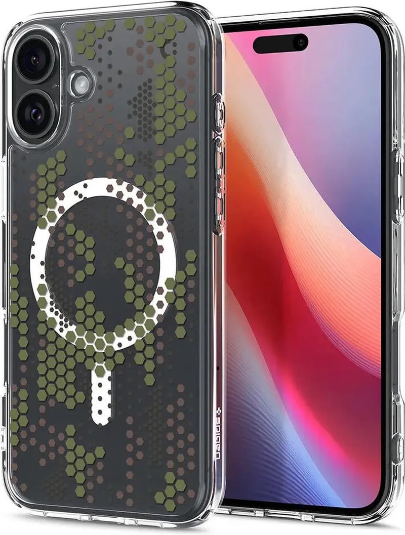Ultra Hybrid MagFit - Hoesje Geschikt voor Apple iPhone 16 - Compatibel met MagSafe - Back Cover Digital Camo fra Spigen i Gennemsigtig – produktbillede
