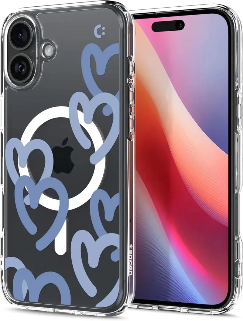 Ultra Hybrid MagFit - Hoesje Geschikt voor Apple iPhone 16 - Compatibel met MagSafe - Back Cover Hearts Denim van Spigen in Blauw – productfoto