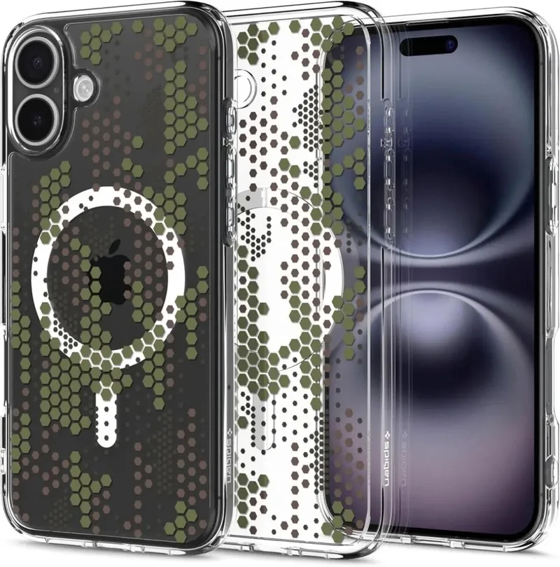 Ultra Hybrid MagFit - Hoesje Geschikt voor Apple iPhone 16 Plus - Compatibel met MagSafe / Qi2 - Back Cover Digital Camo von Spigen in Transparent – Produktfoto