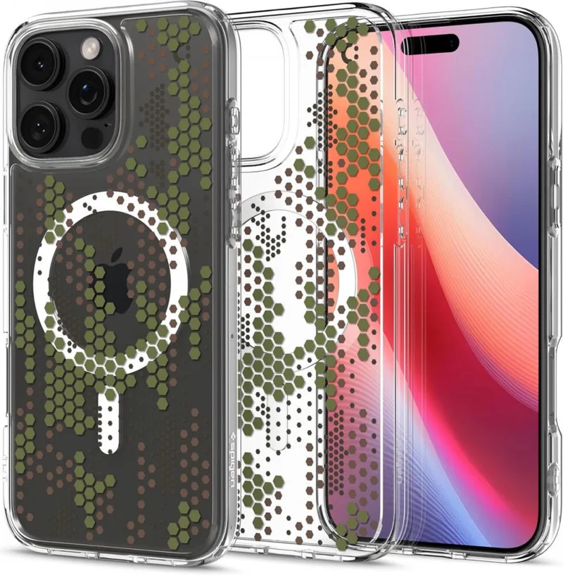 Ultra Hybrid MagFit - Hoesje Geschikt voor Apple iPhone 16 Pro - Compatibel met MagSafe - Back Cover Digital Camo de Spigen en Transparent – photo produit