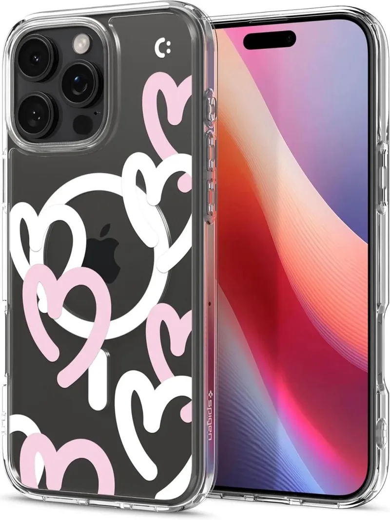 Ultra Hybrid MagFit - Hoesje Geschikt voor Apple iPhone 16 Pro - Compatibel met MagSafe - Back Cover Hearts Roze fra Spigen i Hvid – produktbillede