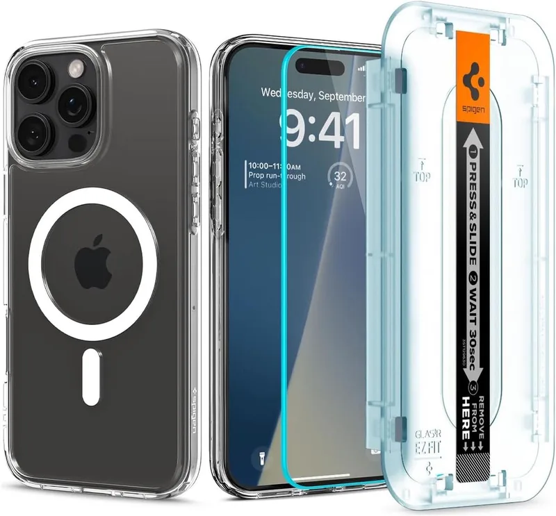 Ultra Hybrid MagFit Pack - Hoesje + Tempered Glass Geschikt voor iPhone 16 Pro Max - Transparante Back Cover met EZ Fit Screen Protector - Compatibel met MagSafe by Spigen in Transparent – product photo