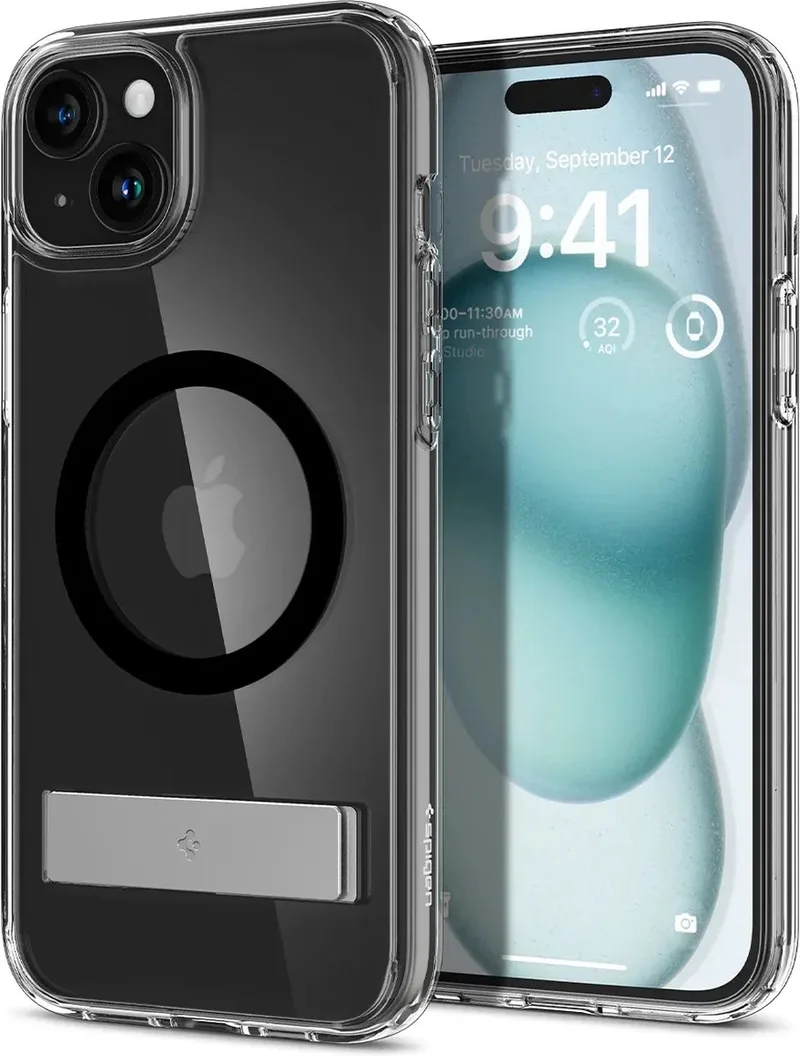 Ultra Hybrid S Hoesje Geschikt voor Apple iPhone 15 - Compatibel met MagSafe - Back Cover met Air Cushion - Militaire Valbescherming - Transparant by Spigen in Black – product photo