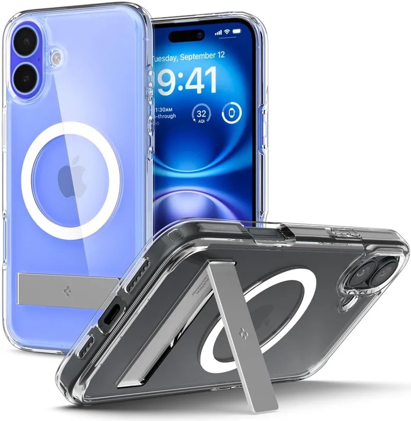 Ultra Hybrid S MagFit - Hoesje Geschikt voor Apple iPhone 16 Plus - Compatibel met MagSafe - Back Cover met Air Cushion - Uitklapbare Standaard by Spigen in Transparent – product photo
