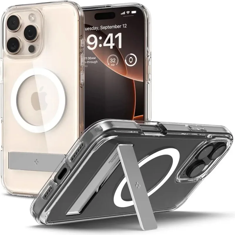 Ultra Hybrid S MagFit - Hoesje Geschikt voor Apple iPhone 16 Pro Max - Compatibel met MagSafe - Back Cover met Air Cushion - Uitklapbare Standaard de Spigen en Transparent – photo produit