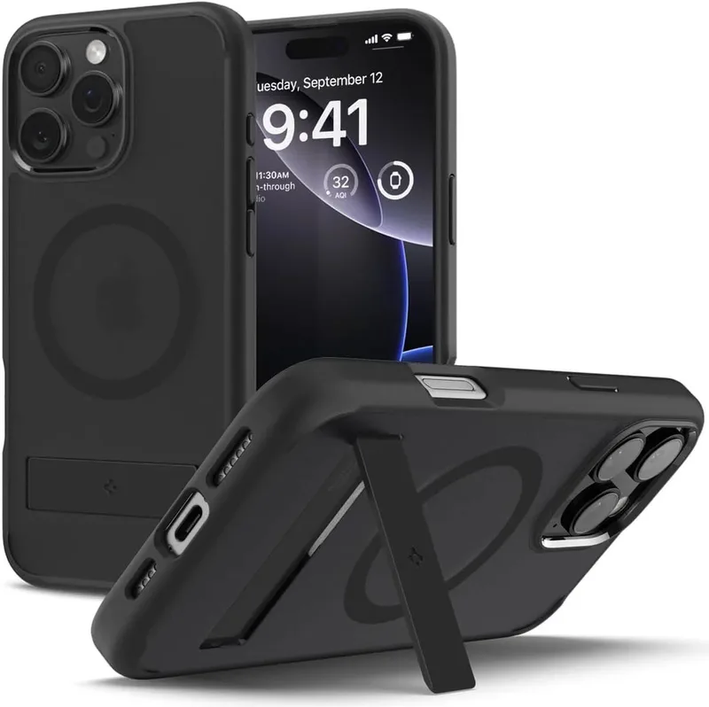 Ultra Hybrid S MagFit - Hoesje Geschikt voor Apple iPhone 16 Pro Max - Compatibel met MagSafe - Back Cover met Air Cushion - Uitklapbare Standaard by Spigen in Black – product photo