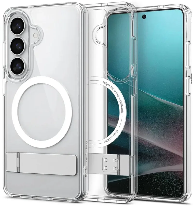 Ultra Hybrid S MagFit - Hoesje Geschikt voor Samsung Galaxy S26 - Compatibel met MagSafe - Back Cover met Air Cushion - Uitklapbare Standaard - Transparant by Spigen in White – product photo