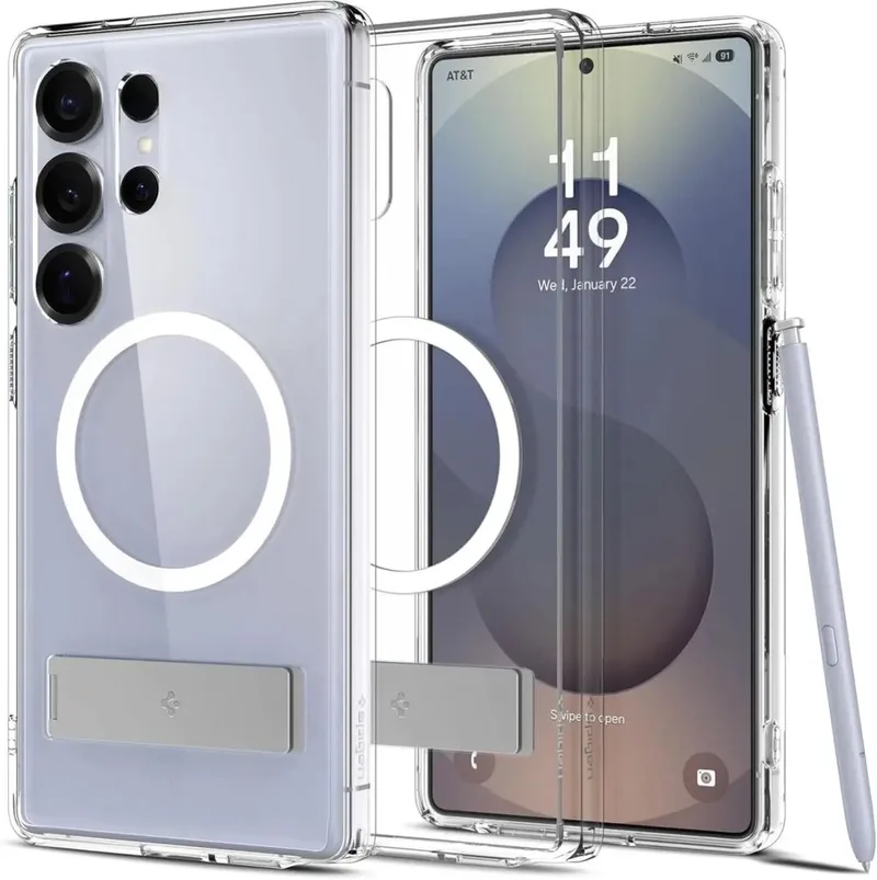 Ultra Hybrid S MagFit - Hoesje Geschikt voor Samsung Galaxy S25 Ultra - Compatibel met MagSafe en Qi2 - Back Cover met Air Cushion - Uitklapbare Standaard by Spigen in White – product photo
